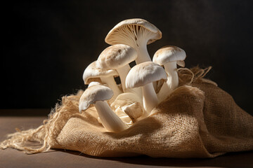 white mushrooms isolated on a piece of burlap