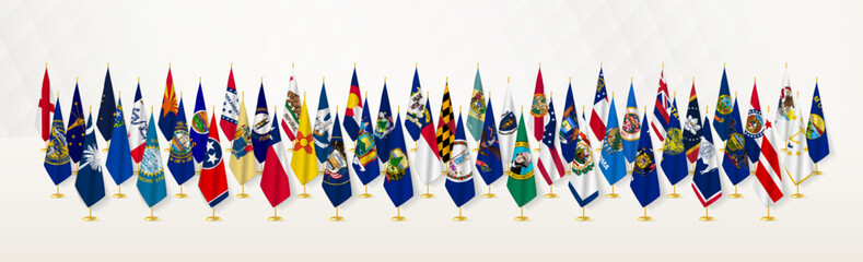 All US states in four lines on a flag stand.