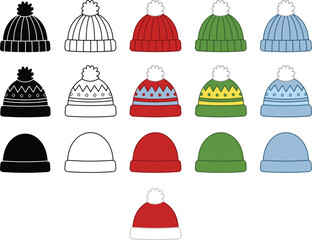 Winter Hats / Toques Clipart Set - Outline, Silhouette & Color