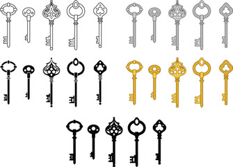 Retro Skeleton Keys Clipart Set - Outline, Silhouette, Silver and Gold
