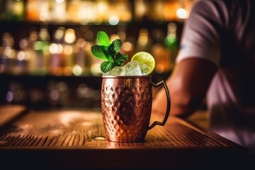 Moscow mule cocktail on bar table - obrazy, fototapety, plakaty