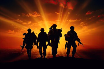 silhouette of a group of military soldier - obrazy, fototapety, plakaty