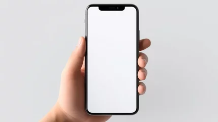 Foto op Plexiglas Mobile phone mockup with blank white screen in human hand, 3d render illustration put on a sweater, hold a smartphone Mobile digital device in arm isolated on white © pinkrabbit
