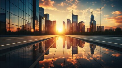 Modern office building or business center. High-rise window buildings made of glass reflect the clouds and the sunset. empty street outside  wall modernity civilization. growing up business
