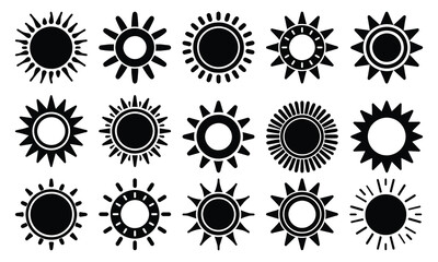 Sun icon set, sunburst, silhouette black sun, tattoo, star icons collection, summer, sunlight on sky, vector illustration isolated on white background
