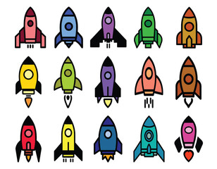 Colored space rocket icon set, symbol, innovation development technology, flat vector illustration  isolated on white background