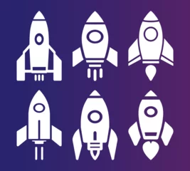 Tuinposter Ruimteschip Set of space rocket launched icon symbol, innovation development technology, white flat vector illustration  isolated on dark background