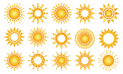 Sun icon set, sunburst, gold sun, yellow sun, star icons collection, Summer, sunlight on sky, vector illustration isolated on white background