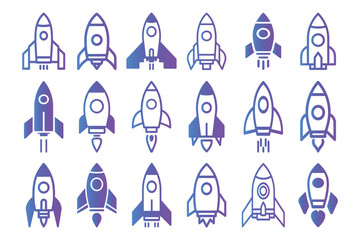 Gradient space rocket icon set, symbol, innovation development technology, flat vector illustration  isolated on white background