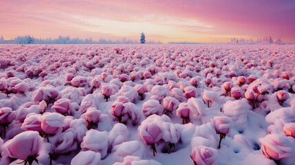 Champs de roses roses en hiver - obrazy, fototapety, plakaty