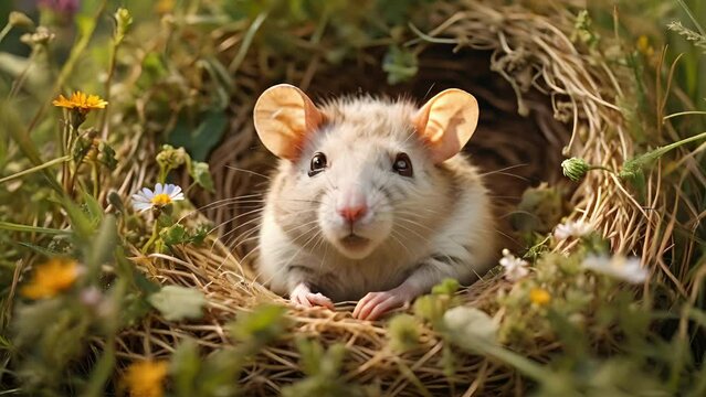 A white and brown rat curled up in a cozy straw nest, surrounded by a lush green field with wildflowers in the background. .