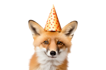 Funny red fox in birthday polka dot cap isolated on  transparent background. PNG file. Generative AI.