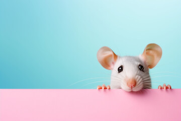 Portrait of a funny mouse on pastel pink and blue background. Copy space for text. Generative AI. - obrazy, fototapety, plakaty
