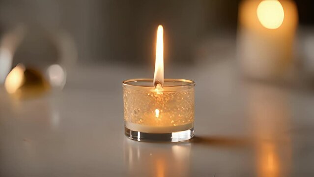Closeup delicate tealight candle sitting glass holder dining table, flame steady small, casting subtle golden light.