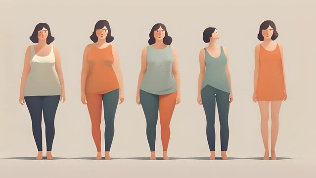 Minimal flat motion of a person constantly comparing themselves to others, feeling envious of those with thin and perfect bodies. 2D cartoon animation. .