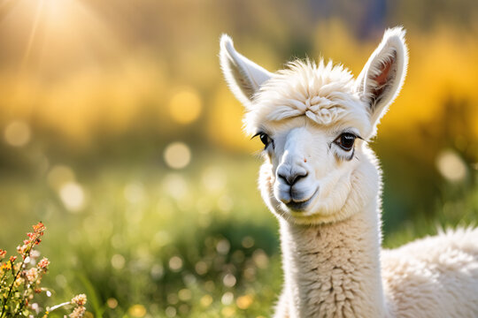 cute llama or llama cub in the grass field farm, with beautiful sunrise or sunset landscape