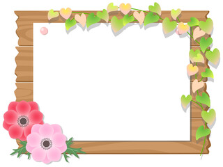 ピンクの花とツタが絡まる木製看板に紙が貼られた可愛いフレーム背景イラスト