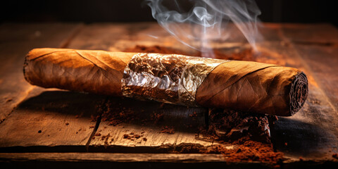 A cigar lying on a brown wooden table. - obrazy, fototapety, plakaty
