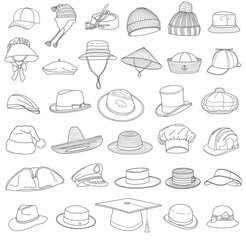 Hand drawn set different types hats Isolated on White Background