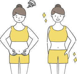 ダイエットのビフォアー＆アフターのイラスト（女性）