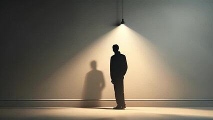 Minimal flat motion of a persons shadow on a wall, with a spotlight shining on them to represent the spotlight and attention that comes with being recognized. 2D cartoon animation. .