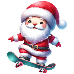 Cute Christmas Santa Claus skateboarding, Watercolor, Isolated on Transparent Background. Generative AI