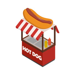 Hotdogs stand in isometric projection style design icon. Street fast food concept. Food kiosk illustration. Isolated on white background. Hot-dog shop