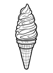 Black and white line art icon ice cream cone. Coloring book page for adults and kids. Summer fast food vector illustration for gift card, flyer, certificate or banner, icon, logo, patch, sticker