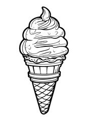 Black and white line art icon ice cream cone. Coloring book page for adults and kids. Summer fast food vector illustration for gift card, flyer, certificate or banner, icon, logo, patch, sticker