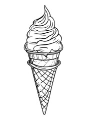 Black and white line art icon ice cream cone. Coloring book page for adults and kids. Summer fast food vector illustration for gift card, flyer, certificate or banner, icon, logo, patch, sticker