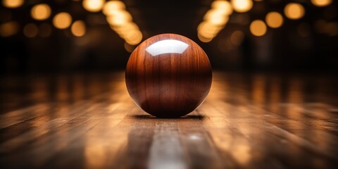 Wooden bowling ball on display in an alley. - obrazy, fototapety, plakaty