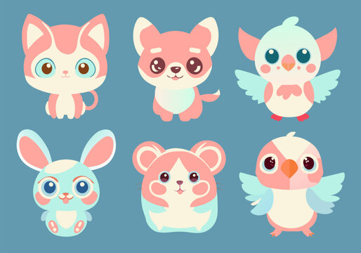 Cute cartoon animals, cat, dog, hamster, bunny, parrot