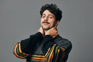 Man sweater copyspace portrait hispanic handsome joyful hipster fashion trendy smile face