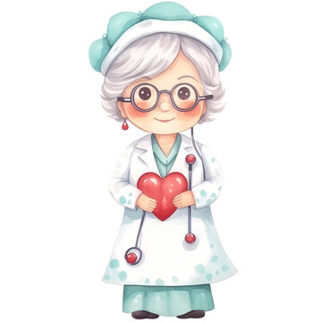 Cute Nurse Grandmother Watercolor Clipart Illustration