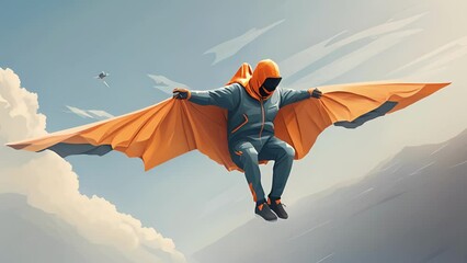 Minimal flat motion of Wingsuit Flying A person soaring through the sky wearing a wingsuit, resembling a human bird. The feeling of total freedom and flight, 2D cartoon animation. .