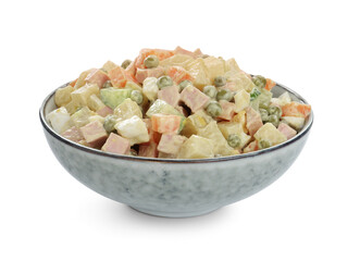 Delicious russian salad Olivier on white background