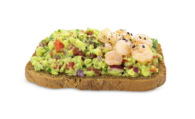 Slice of bread with tasty guacamole and shrimp isolated on white