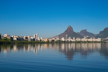 Fototapeta premium Beautiful View of Rio de Janeiro Mountains Reflected in Water of Rodrigo de Freitas Lagoon