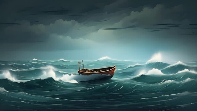 Minimal flat motion of a stormy ocean with a small boat trying to navigate through the rough waves, symbolizing the challenges and obstacles faced in a 2D cartoon animation. .