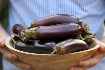 Man holding wooden bowl with ripe eggplants, closeup