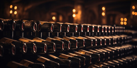 Wine cellar featuring long rows of bottled wines. - obrazy, fototapety, plakaty