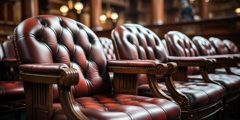 Wooden courtroom featuring black leather seating. - obrazy, fototapety, plakaty