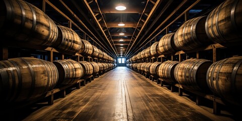 Barrels of whiskey and bourbon aging in a storage facility. - obrazy, fototapety, plakaty
