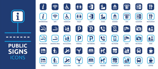 Public signs information icon set. Containing exit, toilet, CCTV, hotel, restaurant, parking, elevator, shower, taxi, bus, bar and more. Solid vector icons collection. - obrazy, fototapety, plakaty