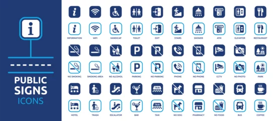 Foto op Plexiglas Graffiti collage Public signs information icon set. Containing exit, toilet, CCTV, hotel, restaurant, parking, elevator, shower, taxi, bus, bar and more. Solid vector icons collection.