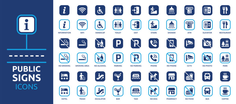 Public signs information icon set. Containing exit, toilet, CCTV, hotel, restaurant, parking, elevator, shower, taxi, bus, bar and more. Solid vector icons collection.