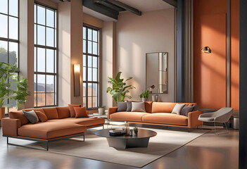 modern room design with white sofa and terracotta pillows and blanket, cozy calm atmosphere of a beautiful home, modern space design,