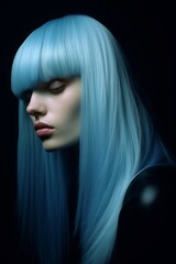 Blue Wig Woman, Dark Moody Futuristic Mannequin Portrait, Coloured Hair, Light Blue Dye, Fringe, Bangs, Side profile, cheekbones, retro future, android, cyborg, humanoid, very long hair, straight hair