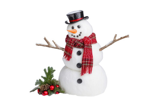 a high quality stock photograph of a single snowman full body in the center isolated on white background
