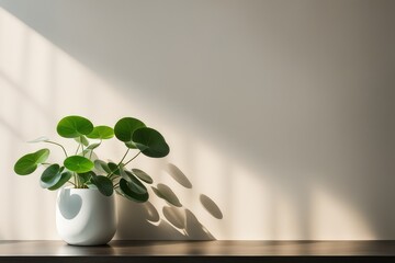blurred shadow from Chinese Money Plant on the light brown wall minimal abstract background for product